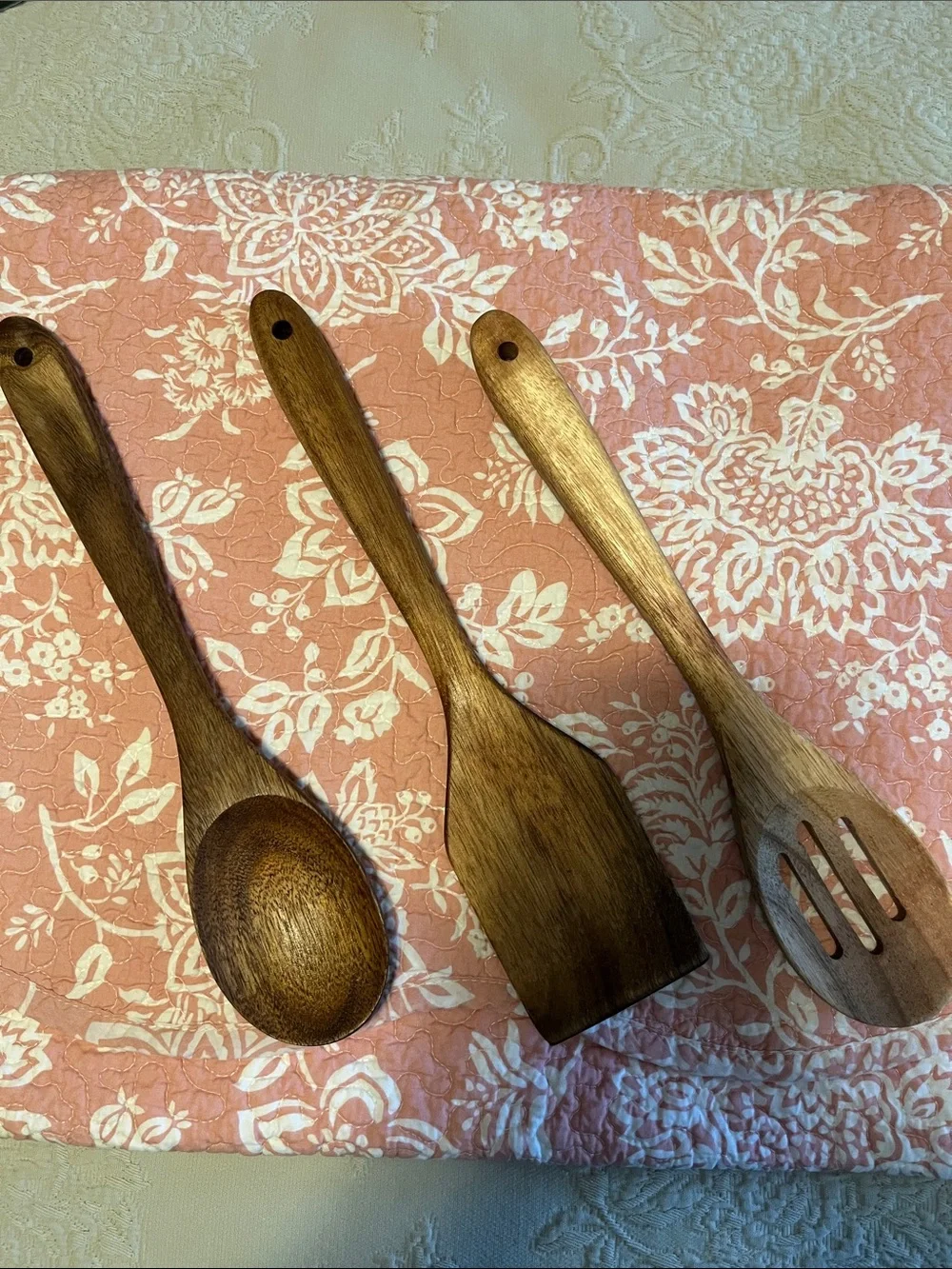 Wooden Kitchen Utensils-Set of 3-Natural Brown Spoon, Spatula, Slotted Spoon